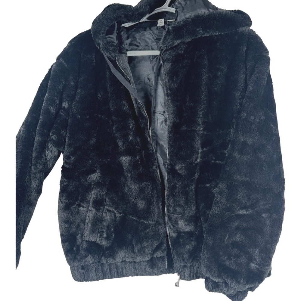 Faux Fur Bomber Jacket Black Hooded Furry Night Out Baddie Mob Wife Sz XS